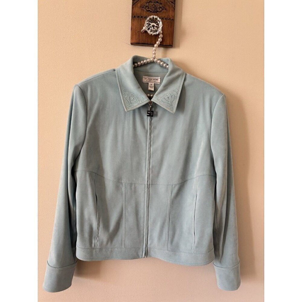 St John Sport Marie Gray Size M Green Sueded Full Zip Jacket Embroidered Collar